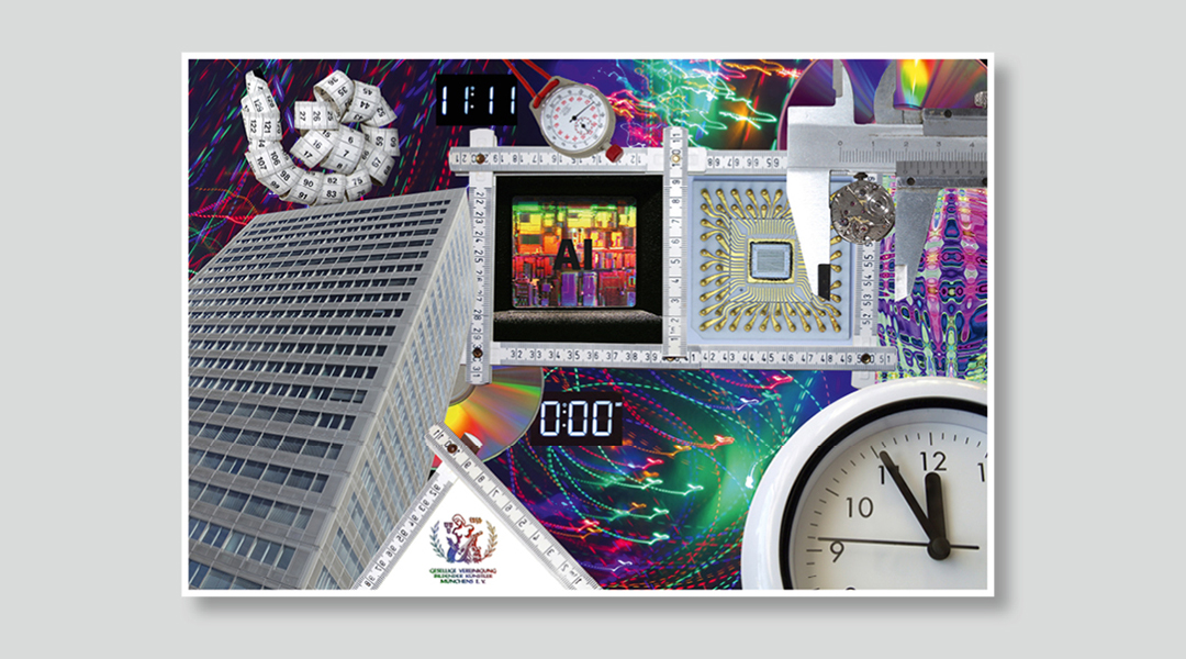 KI generiertes Bild mit Messelementen wie Uhr, Maßband, Schieblehre und bunten Leuchteffekten. Im Zentrum die Buchstaben AI